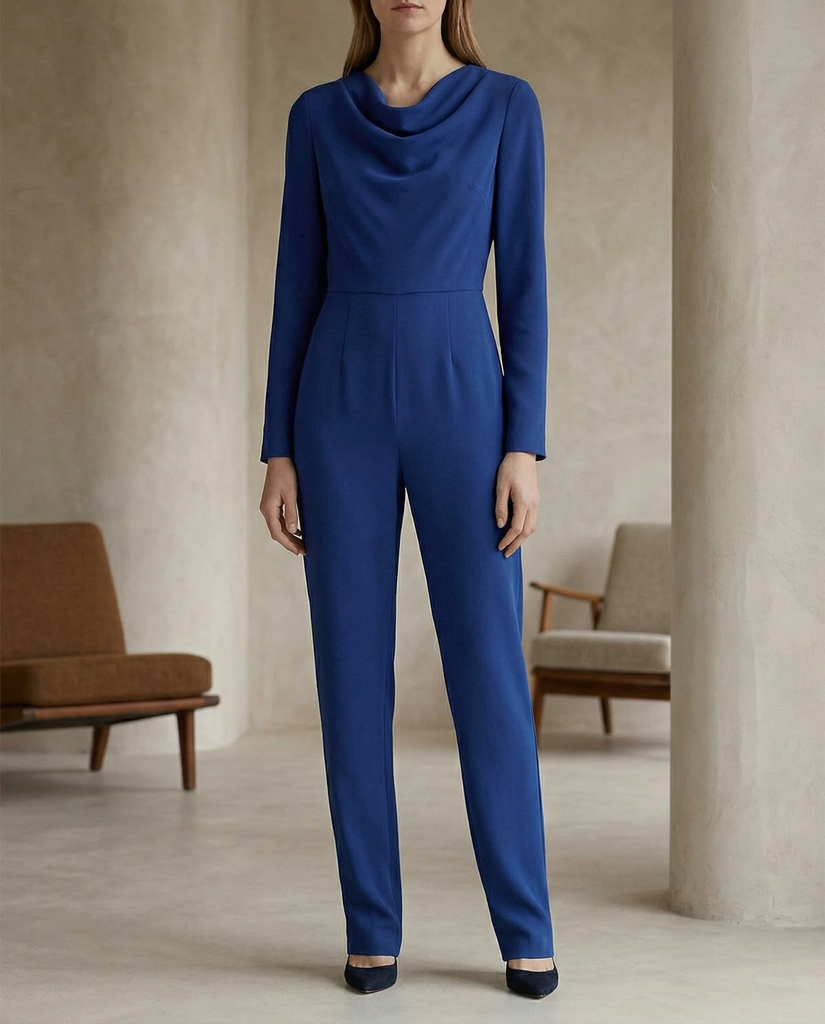 Royal Blue Cowl Neck Jumpsuit | Royal Blue Cowl Neck Jumpsuit for Women – Long Sleeve Wide-Leg Dressy Evening One-Piece (XS)