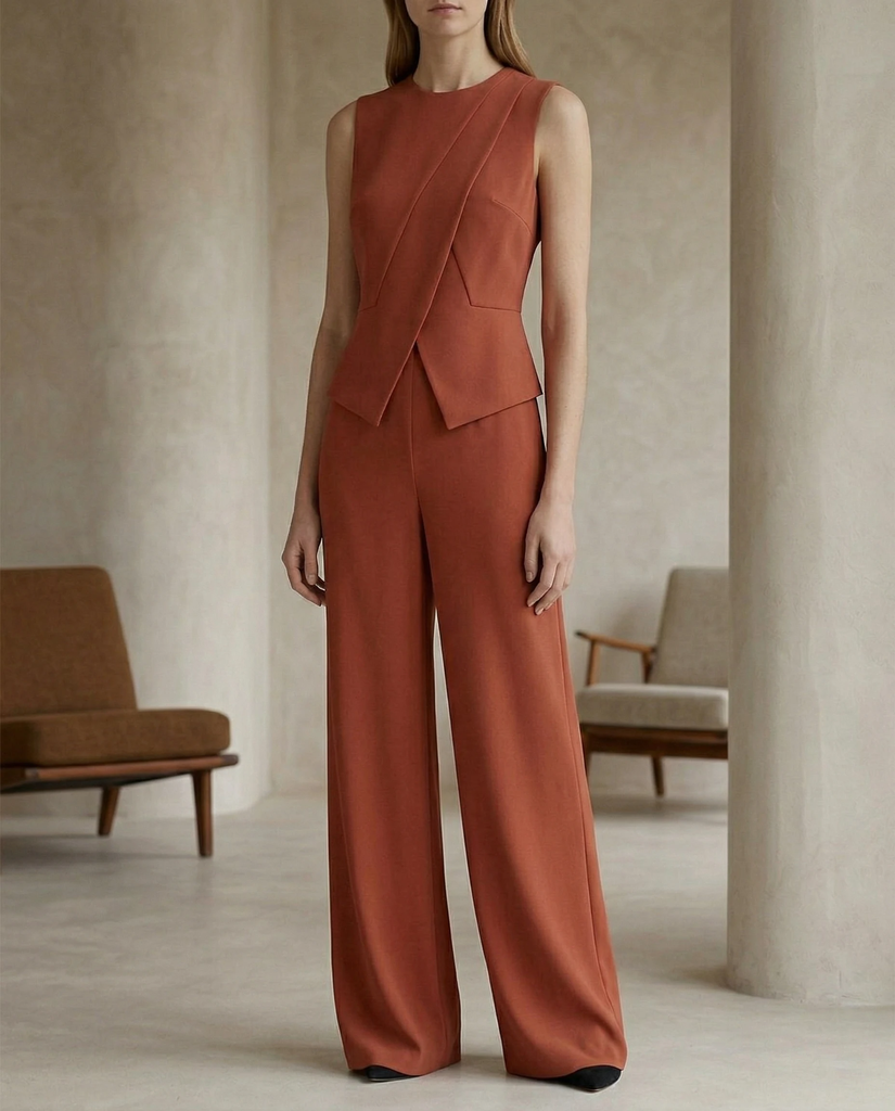 Terracotta Origami Detail Jumpsuit | Terracotta Sleeveless Origami Detail Jumpsuit for Women – Structured Wide-Leg Statement One-Piece (XS)