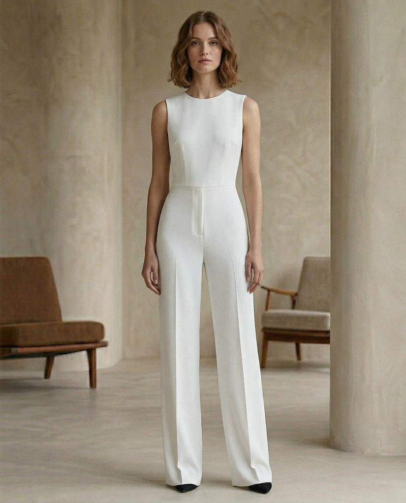 White Sleeveless Jumpsuit | White Sleeveless Wide-Leg Jumpsuit for Women – Crew Neck Tailored Formal One-Piece (XS)