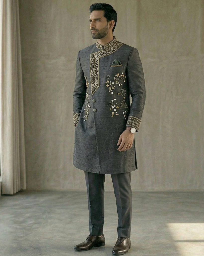 Charcoal Grey Raw Silk Indo Western Sherwani with Gold Hand Embroidery – Designer Reception Sherwani for Groom (S)