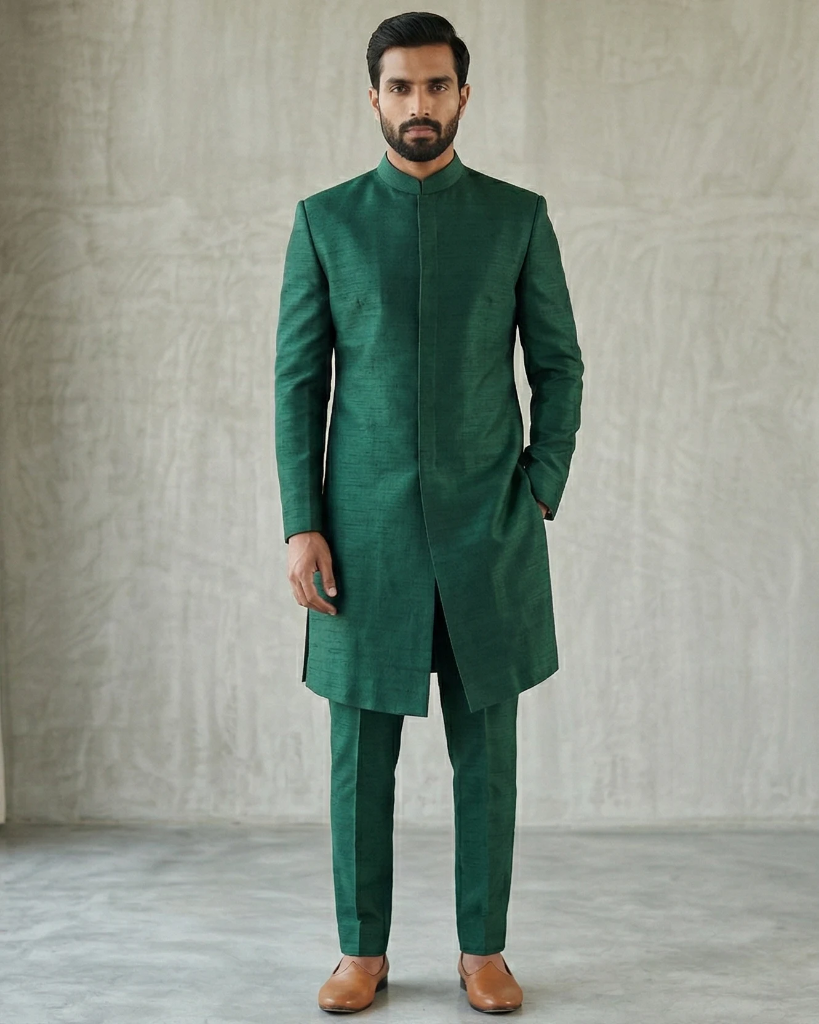 Emerald Green Raw Silk Sherwani for Men – Minimalist Asymmetric Indo Western Groom Wedding Sherwani Set (S)