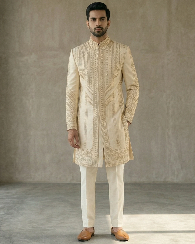 Ivory Gold Zardozi Hand-Embroidered Silk Sherwani for Groom – Wedding Baraat Sherwani Set with Trousers (S)