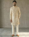 Ivory Gold Zardozi Hand-Embroidered Silk Sherwani for Groom – Wedding Baraat Sherwani Set with Trousers