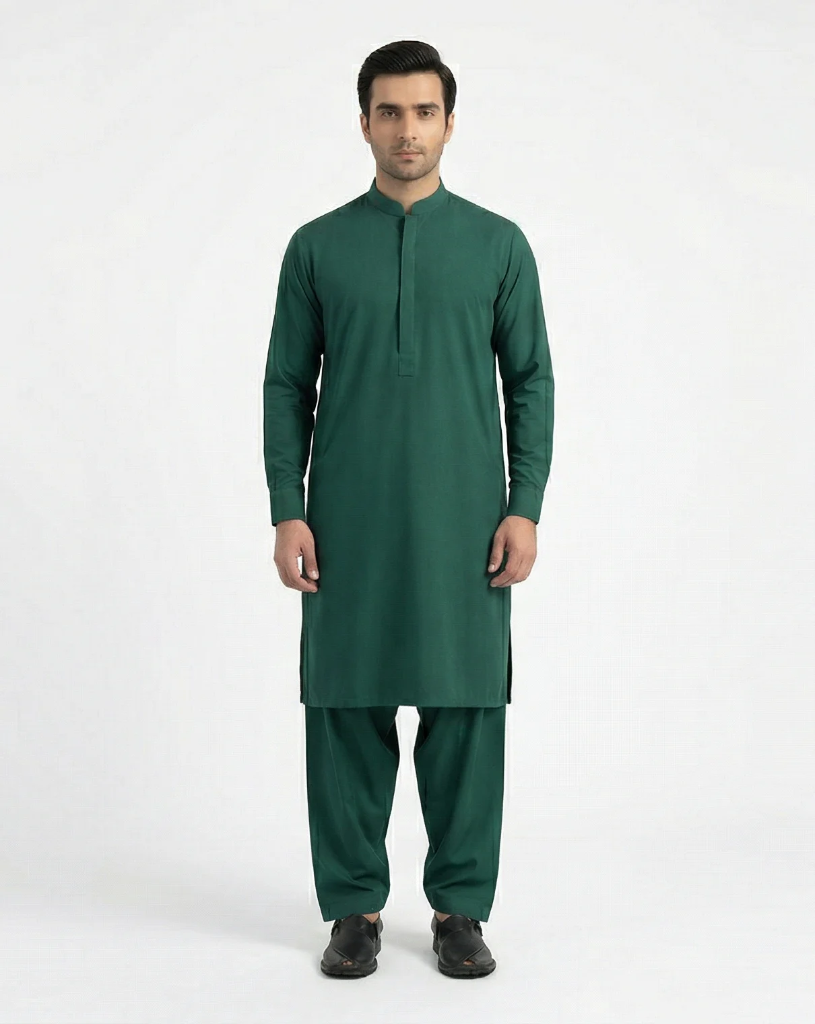 Emerald Green Shalwar Kameez | Emerald Green 100% Cotton Shalwar Kameez for Men – Band Collar Traditional (S)