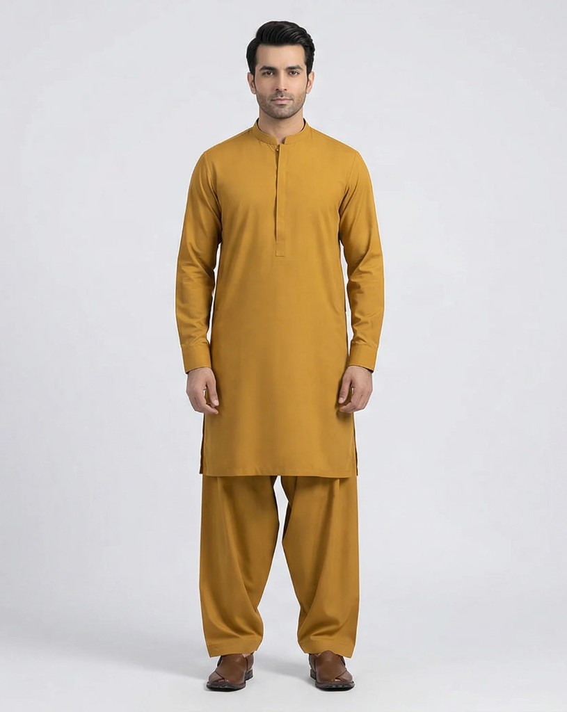 Mustard Gold Shalwar Kameez | Mustard Gold 100% Cotton Shalwar Kameez for Men – Band Collar Traditional (S)