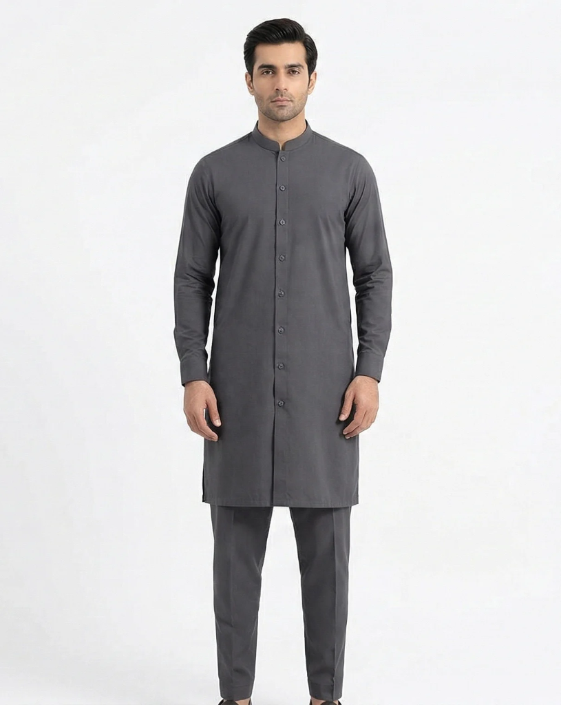 Charcoal Grey Shalwar Kameez | Charcoal Grey 100% Cotton Shalwar Kameez for Men – Full Button Mandarin Collar (S)