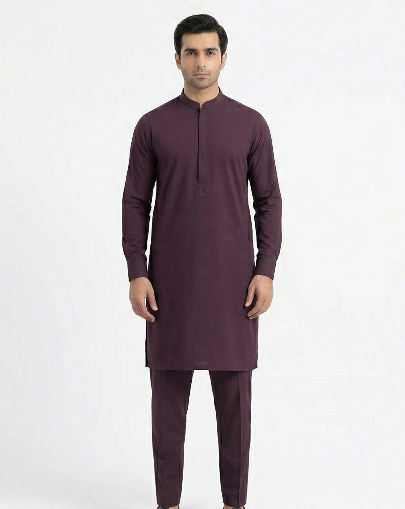 Deep Plum Shalwar Kameez | Deep Plum 100% Cotton Shalwar Kameez for Men – Band Collar with Stud Detail (S)