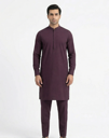 Deep Plum Shalwar Kameez | Deep Plum 100% Cotton Shalwar Kameez for Men – Band Collar with Stud Detail