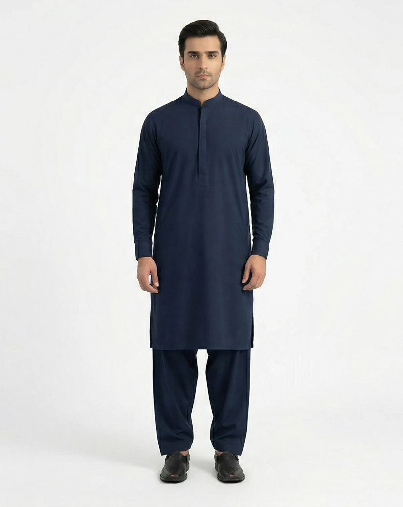 Navy Blue Shalwar Kameez | Navy Blue 100% Cotton Shalwar Kameez for Men – Band Collar Traditional (S)