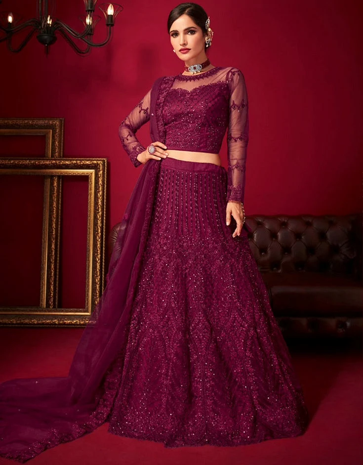 Wine Burgundy Embroidered Net Lehenga Choli with Sheer Yoke