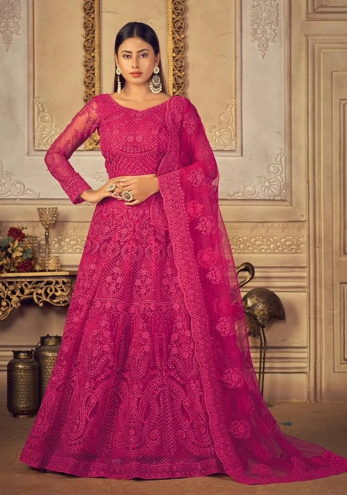 Fuchsia Pink Embroidered Net Anarkali Lehenga Gown