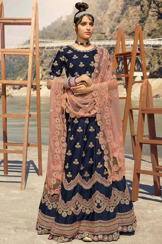 Navy Blue Silk Lehenga with Multicolor Resham Embroidery and Peach Dupatta (S)