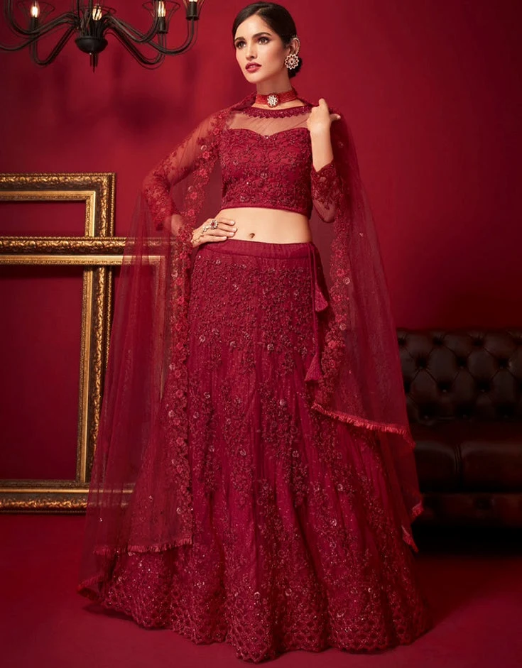 Crimson Red Net Party Wear Lehenga with 3D Floral Embroidery (S)