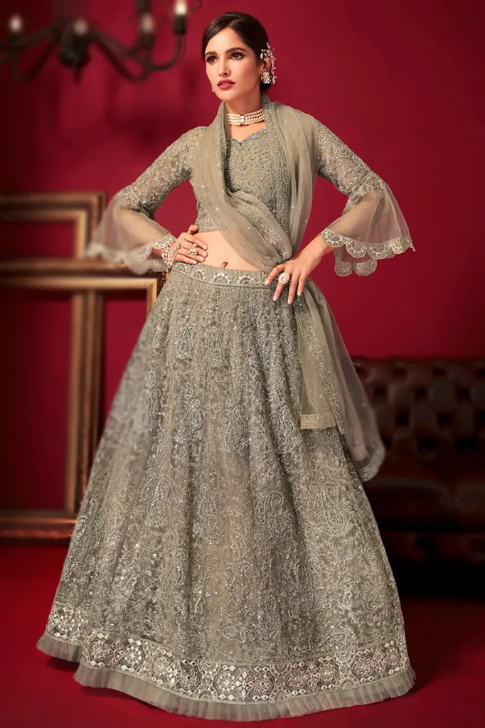 Champagne Beige Silk Net Lehenga Choli with Floral Embroidery (S)