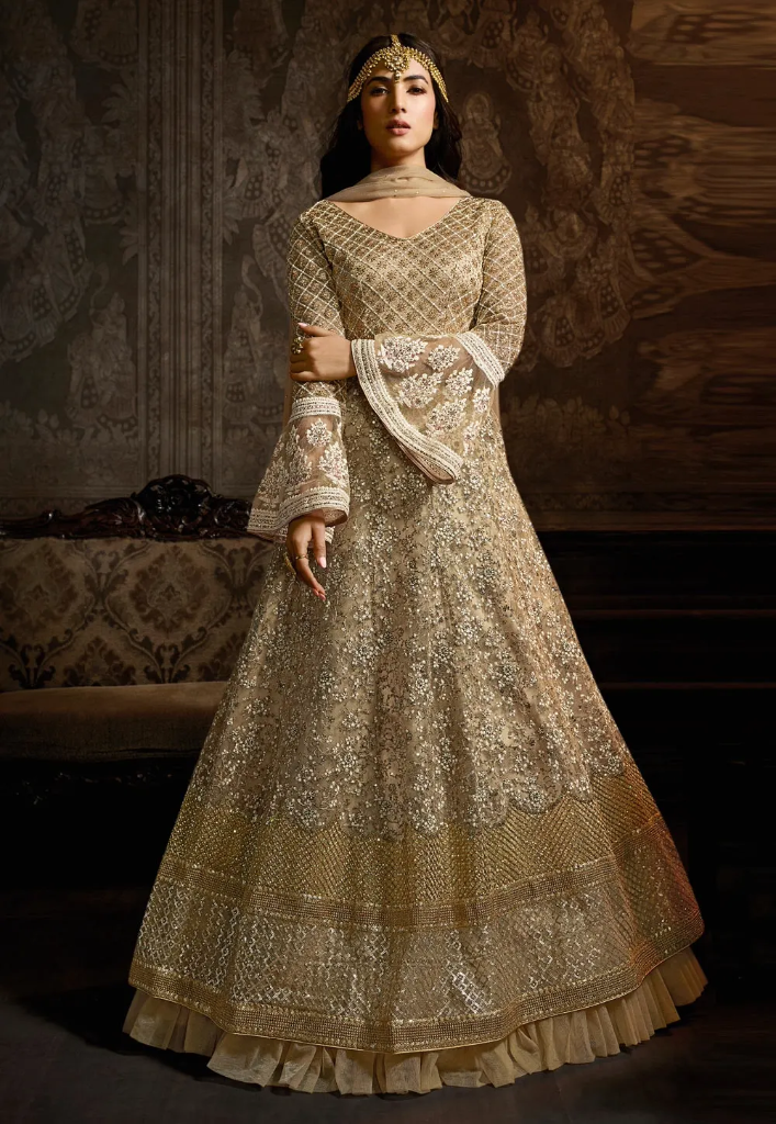 Champagne Gold Anarkali Lehenga Gown with Heavy Zari Embroidery (S)