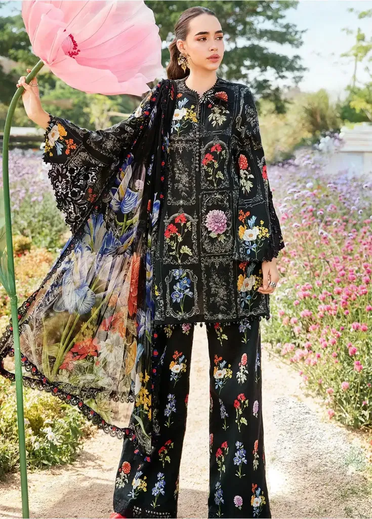 Black Floral Botanical Printed Lawn Suit