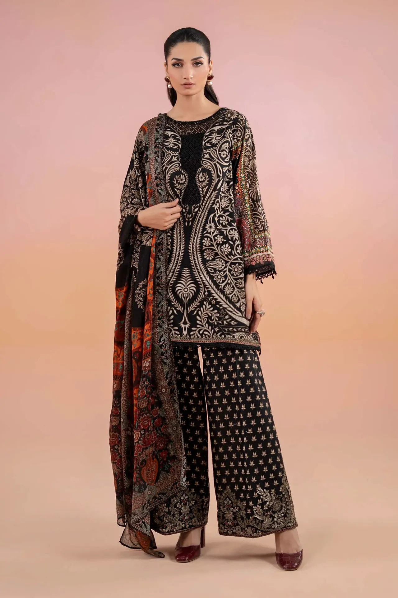 Black & Beige Paisley Printed Lawn Suit
