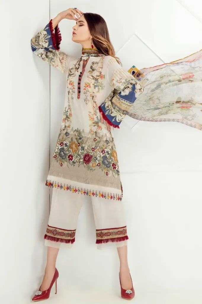Ivory Floral Embroidered Lawn Suit with Tassel Hem