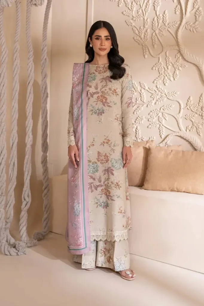 Sand Beige Floral Printed Lawn Suit (S)