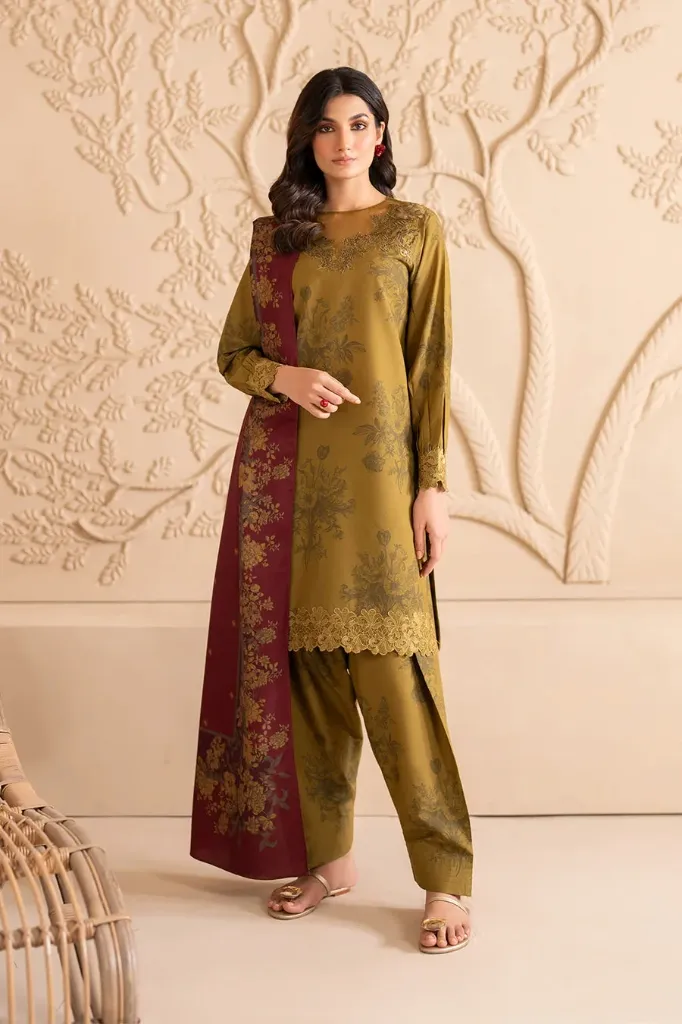 Olive Green Floral Printed Lawn Suit with Contrast Dupatta (S)