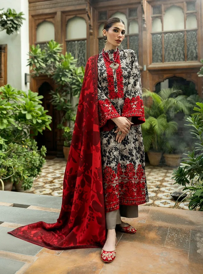 Grey & Red Floral Embroidered Lawn Suit