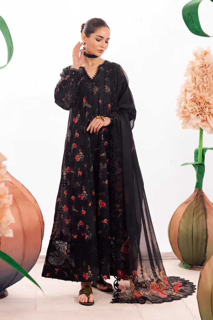 Black Rose Floral Printed Lawn Suit with Chiffon Dupatta (S)