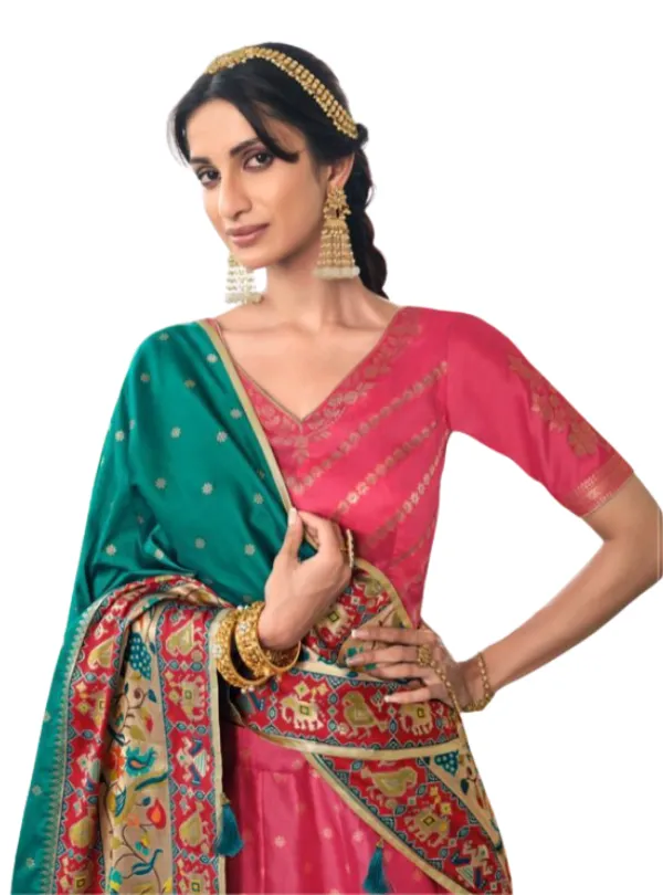 Pink & Green Banarasi Silk Lehenga Choli – Designer Festive Wear for Women (S)
