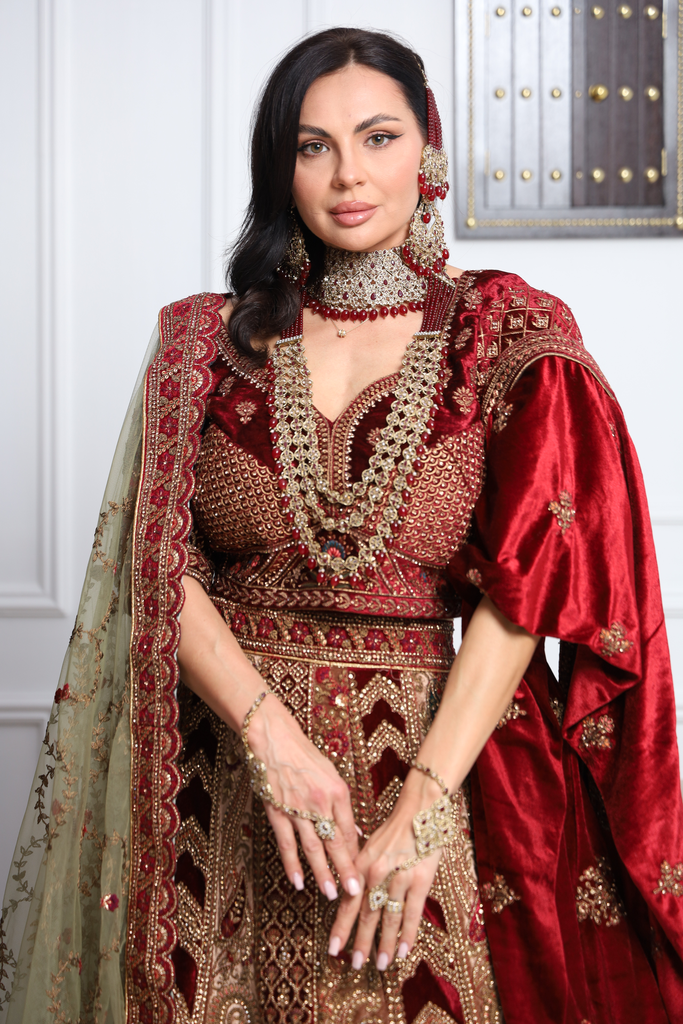 Heavy Velvet Embroidered Wedding Lehenga – Luxury Bridal Designer Lehenga Set