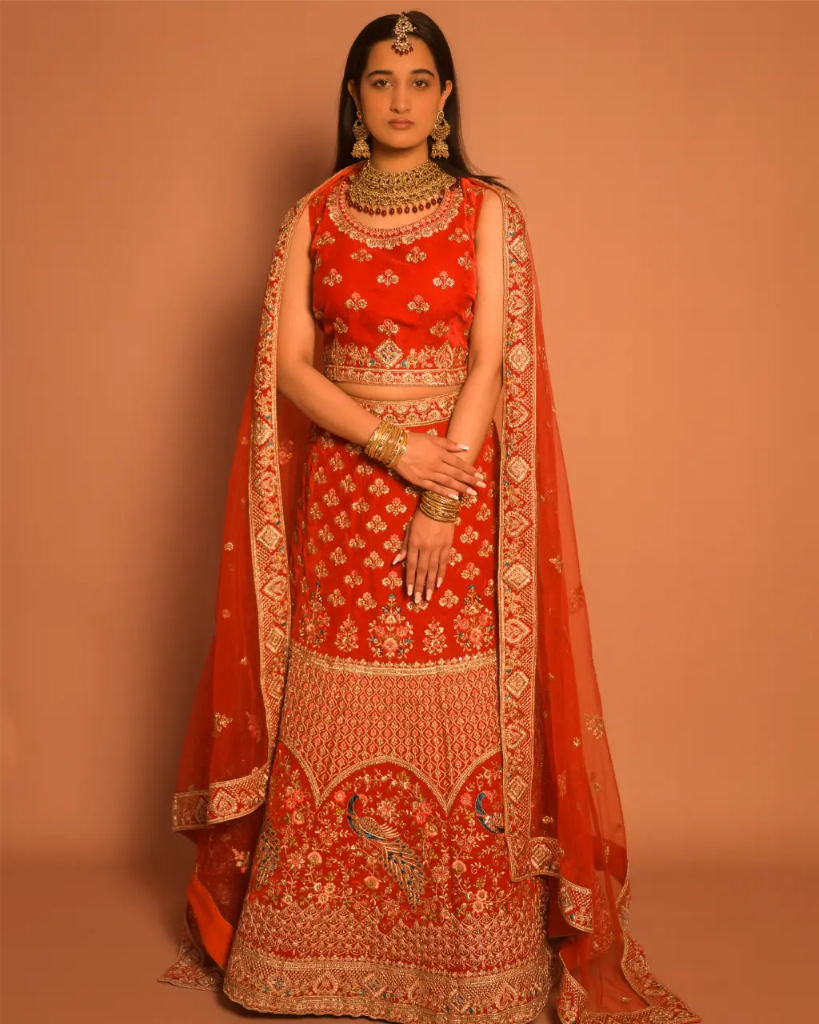 Crimson Red Velvet Lehenga with Peacock Motif & Gold Embroidery