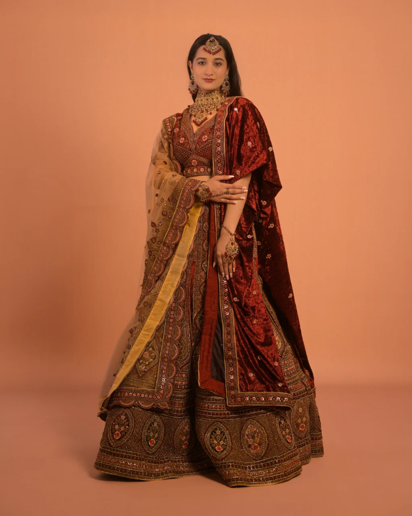Royal Maroon Velvet Bridal Lehenga with Heavy Embroidery