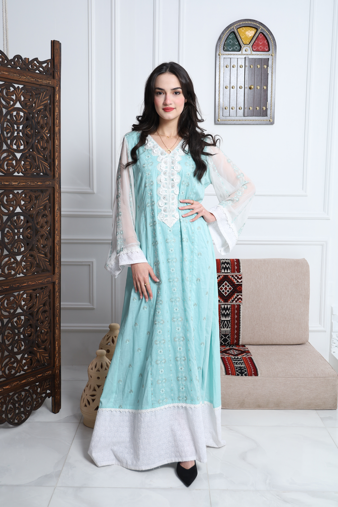 Elegant Mint Green Cotton Jalabiya with Embroidered Lace Detailing (XS)