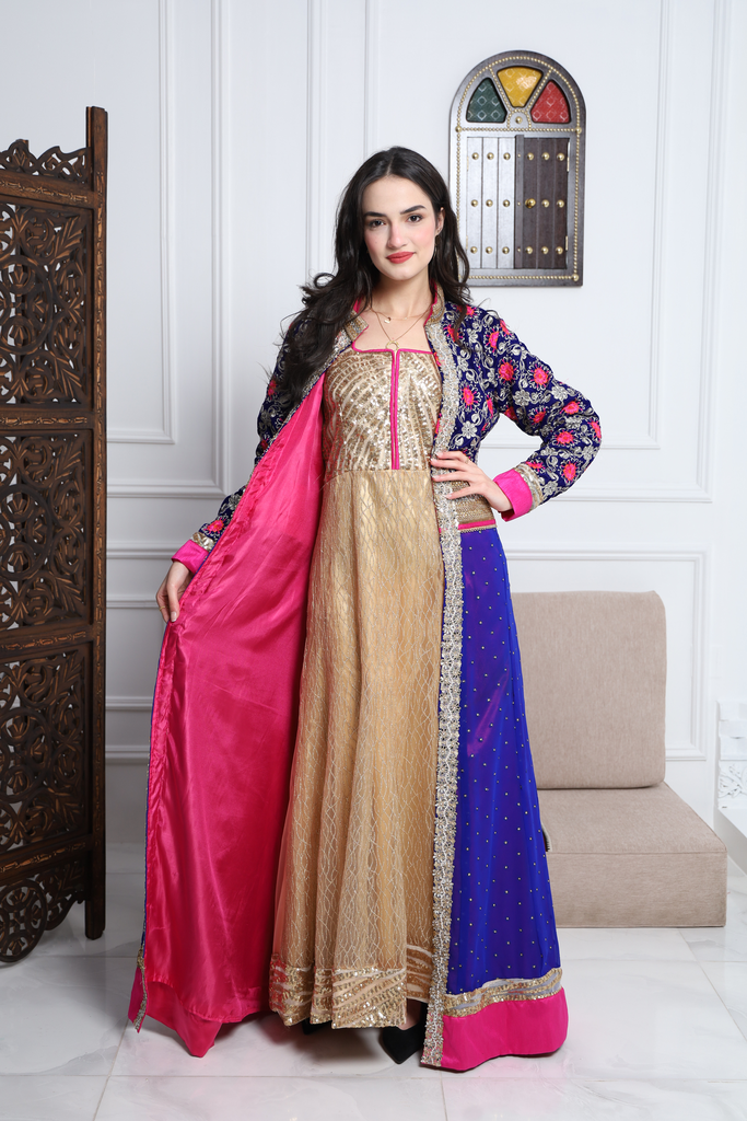 Luxury Royal Blue & Gold Chiffon Jalabiya (XS)
