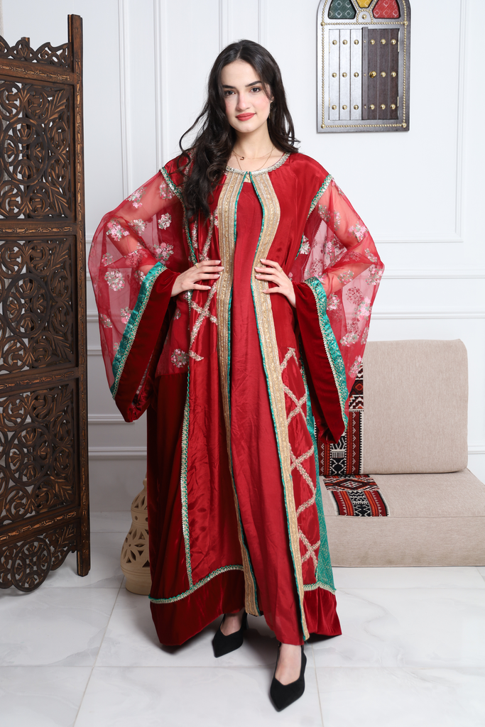 Luxury Red Pure Silk Jalabiya with Gold Embroidered Trim (XS)