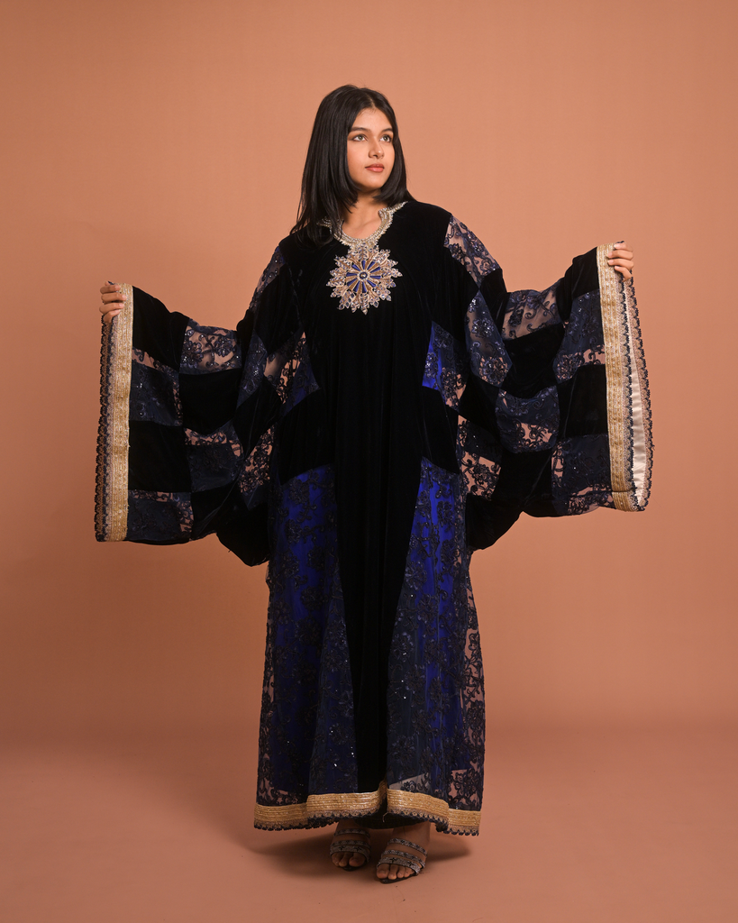Blue Velvet & Lace Jalabiya – Luxury Embroidered Statement Dress (XS)