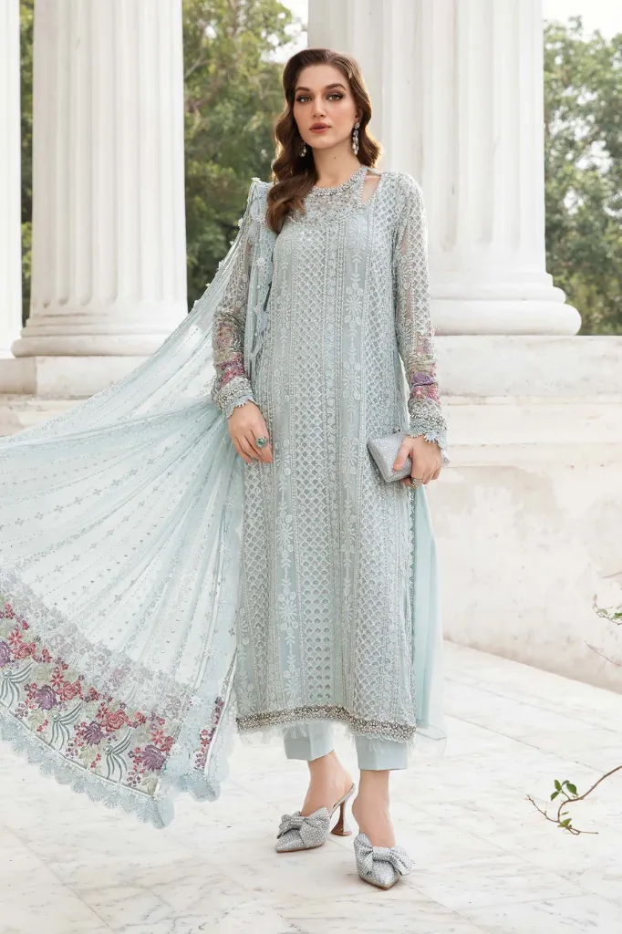Luxury Mint Embroidered Chiffon Partywear Shalwar Kameez – 3 Piece Suit (S)