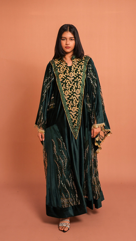 Emerald Green Embroidered Jalabiya with Gold Detailing (XS)