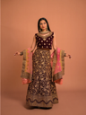 Royal Maroon Velvet Lehenga with Intricate Gold Zari Embroidery & Pink Net Dupatta