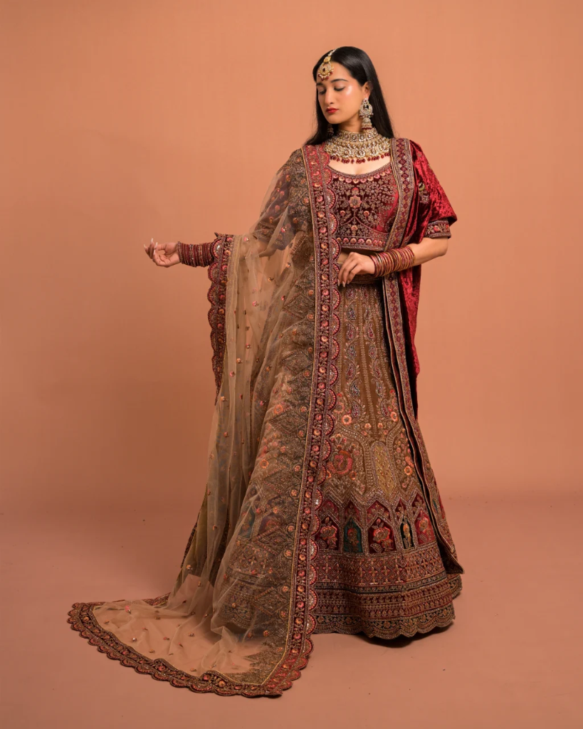 Royal Maroon Velvet Bridal Lehenga with Velvet & Net Dupattas (S)