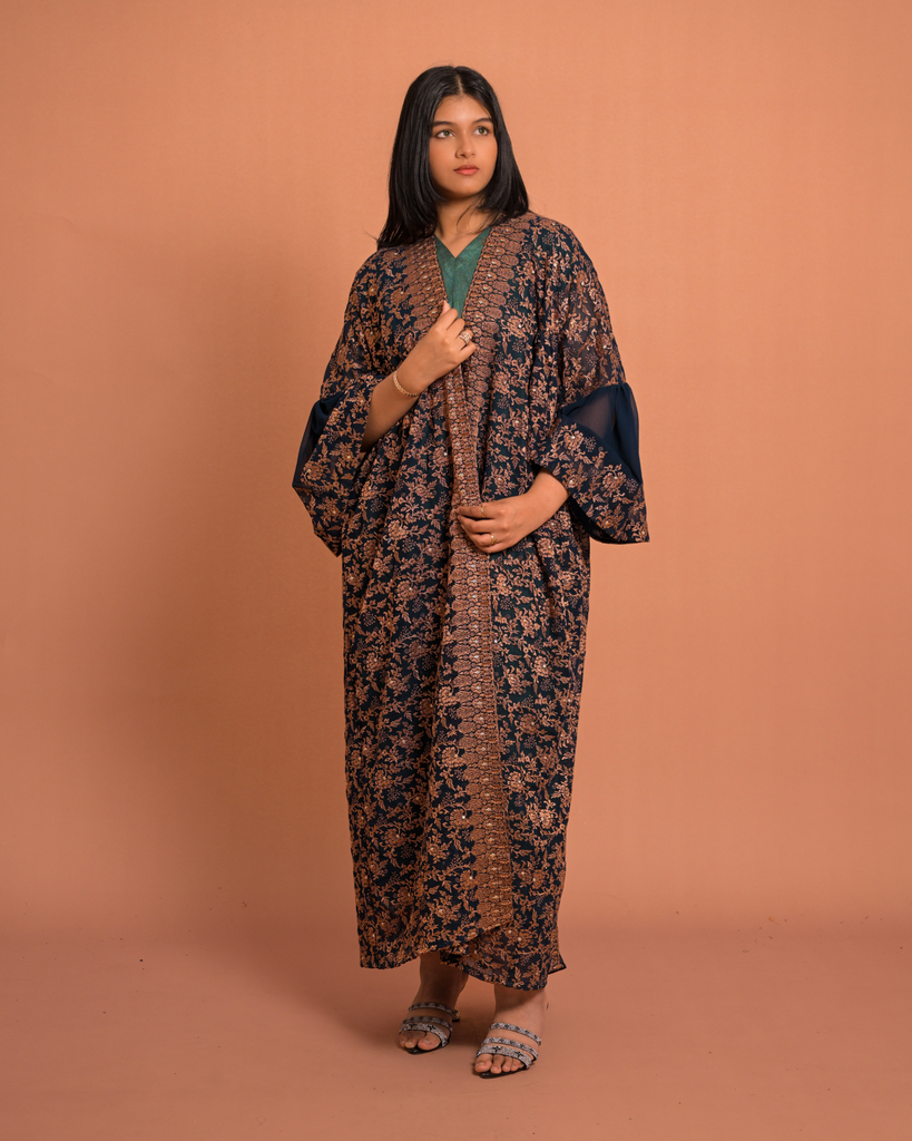 Elegant Navy & Copper Floral Chiffon Jalabiya (XS)