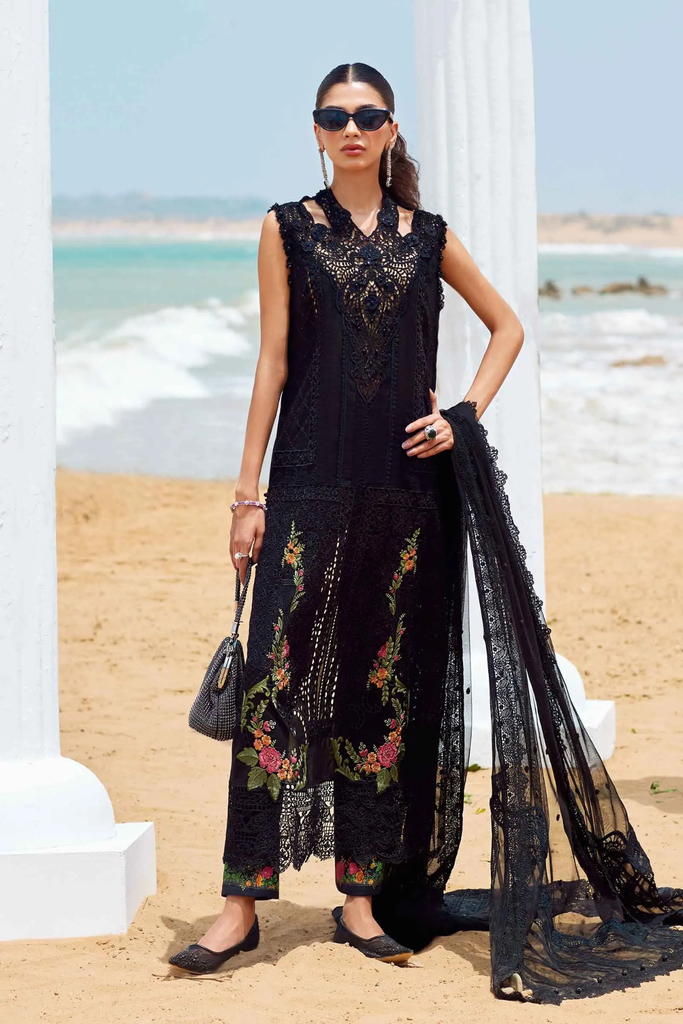 Elegant Black Lawn Designer Dress with Floral Embroidery & Lace Details