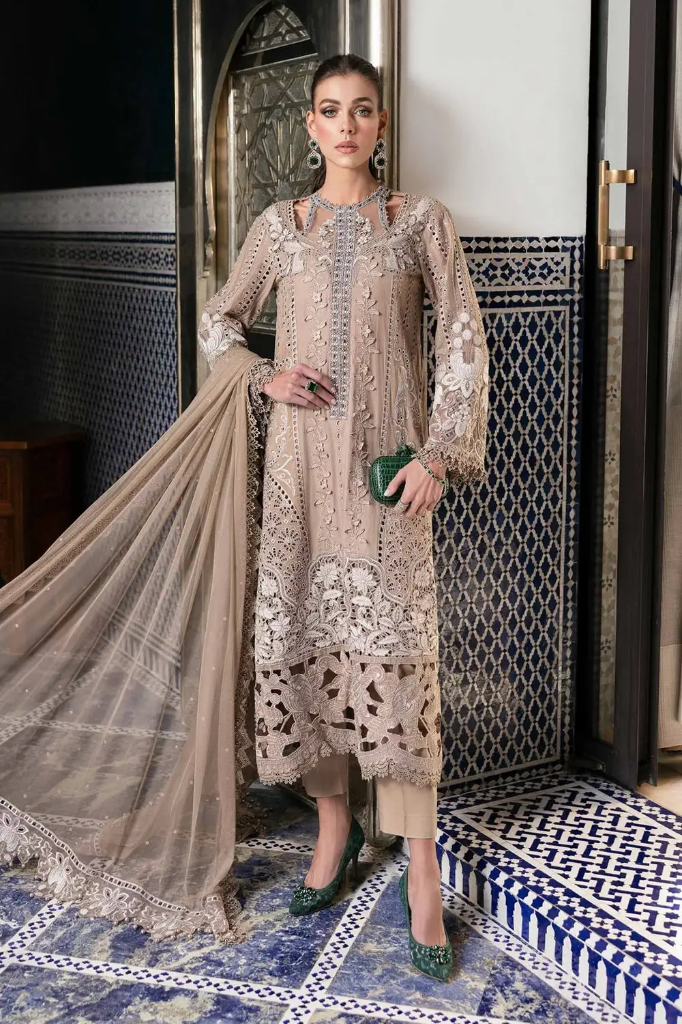 Elegant Beige Embroidered Lawn Designer Dress with Chiffon Dupatta