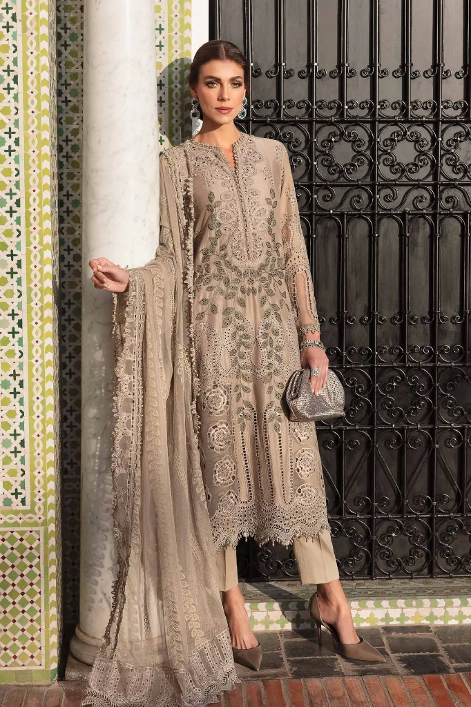 Luxury Taupe Embroidered Lawn Suit with Statement Dupatta (S)