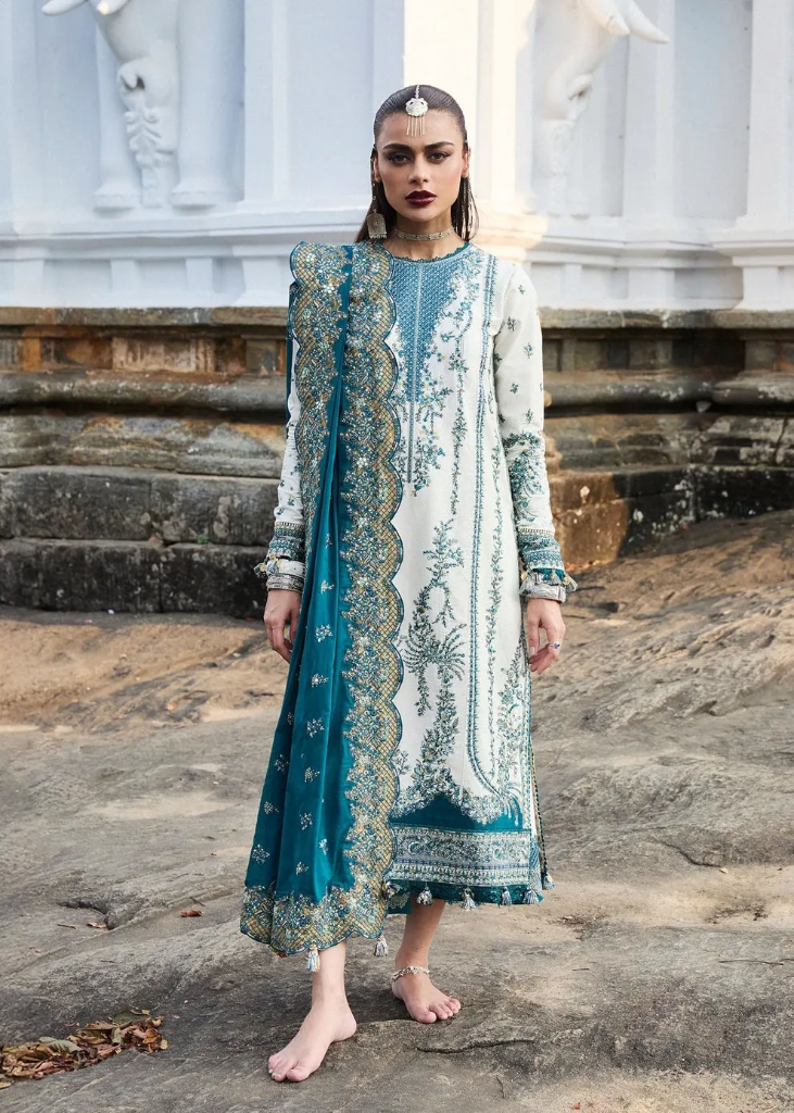 Teal & Ivory Embroidered Lawn Designer Dress with Chiffon Dupatta (S)