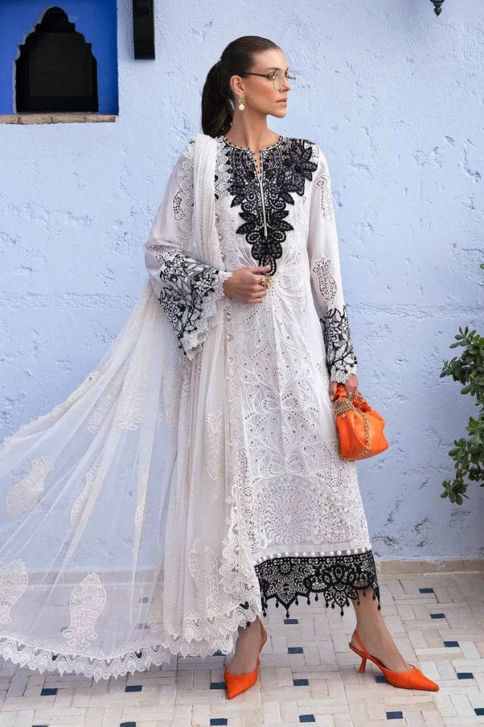 White & Black Contrast Embroidered Lawn Suit (S)
