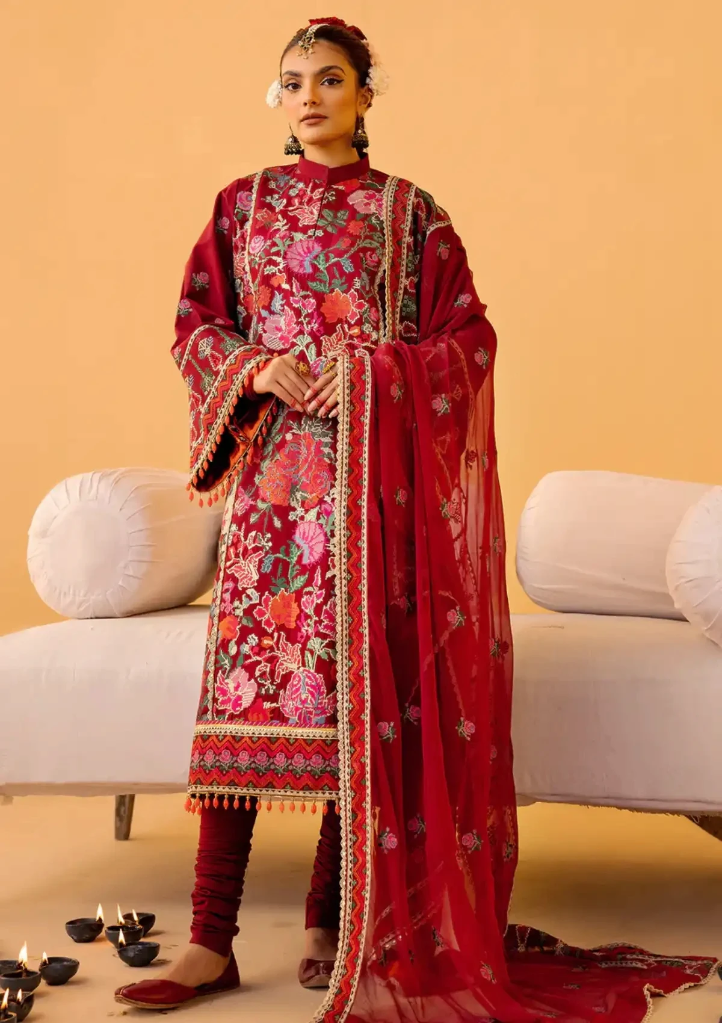 Crimson Red Festive Lawn Suit