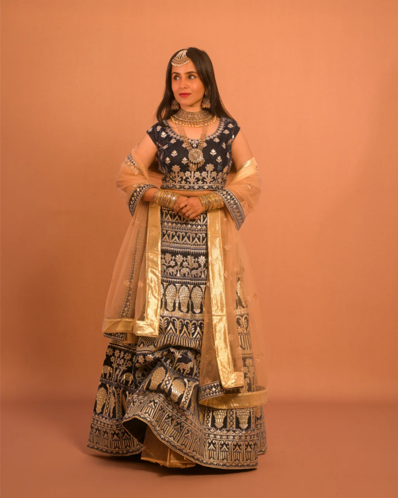 Midnight Blue Velvet Lehenga with Antique Gold Embroidery & Net Dupatta – Bridal & Wedding Wear (S)
