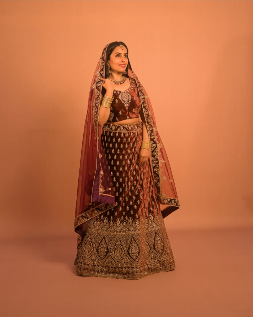 Maroon Velvet Bridal Lehenga with Heavy Gold Embroidery & Net Dupatta – Luxury Wedding Lehenga (S)