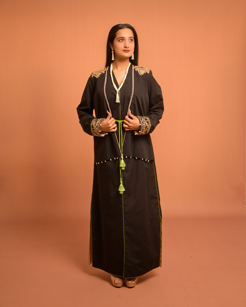 Elegant Black Embroidered Two-Piece Modest Dress with Tassel Details (XS)