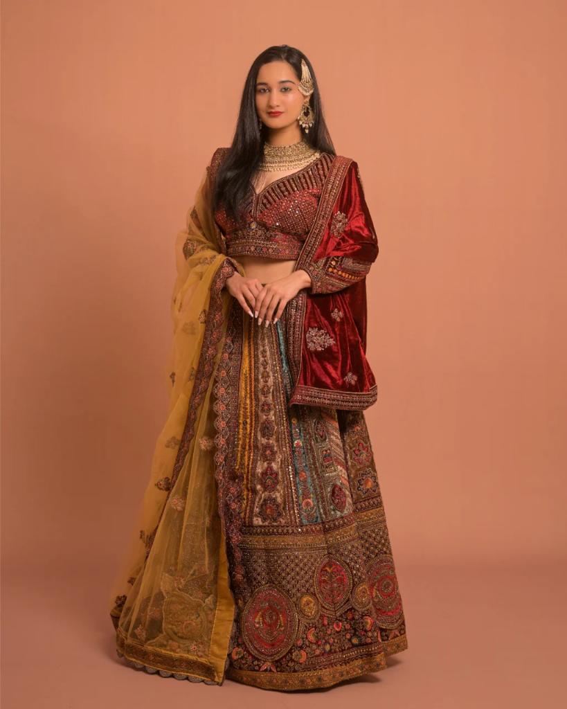 Luxury Red Velvet Bridal Lehenga with Multicolor Embroidery & Net Dupatta – Designer Wedding Lehenga