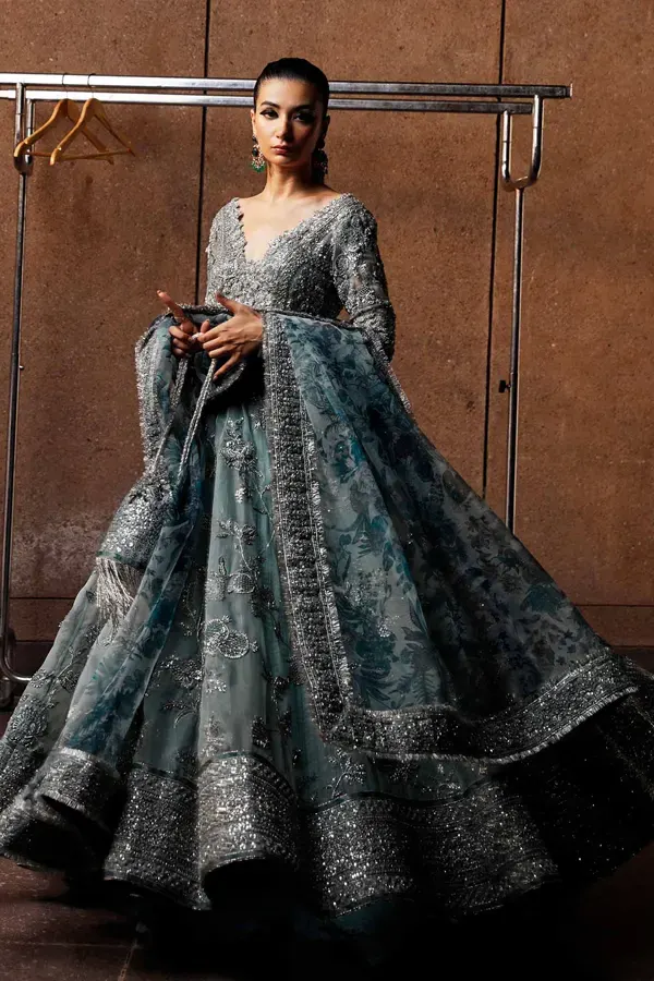 Teal Green & Silver Embroidered Bridal Gown with Flared Skirt and Dupatta – Luxury Designer Wedding Dress (S)